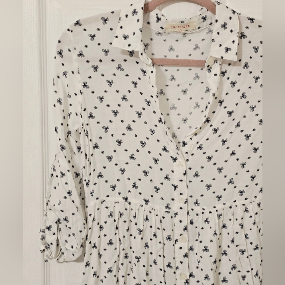 Solitaire White Black Print Button Down Blouse Sm… - image 2
